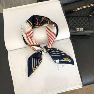 Print Silk Scarf Navy Blue & Off-white & Red - One Size