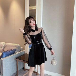 Puff-sleeve Mesh Panel Velvet Dress