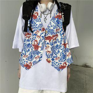 V-neck Gold Fish Print Three Button Cropped Vest