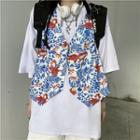 V-neck Gold Fish Print Three Button Cropped Vest