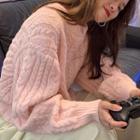 Round Neck Cable Knit Sweater / Wide Leg Pants