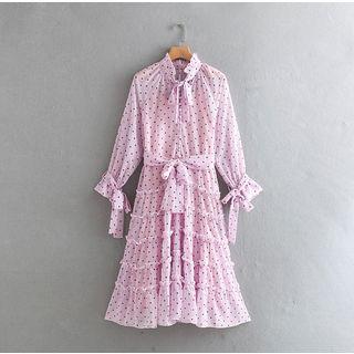 Tie Neck Dotted Long-sleeve A-line Dress