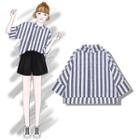 Elbow-sleeve Striped Top Stripes - Blue & White - One Size