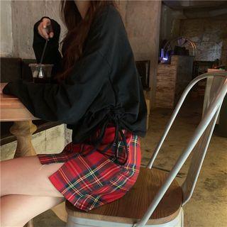 Drawstring Long-sleeve T-shirt / Plaid High-waist A-line Skirt