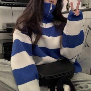 Striped Zip Placket Sweater Stripes - Blue & White - One Size