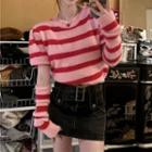 Set: Short-sleeve Striped Knit Top + Arm Sleeves Pink - One Size
