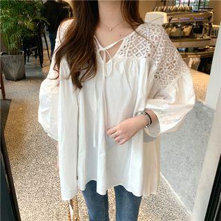Cutout Long-sleeve Loose-fit Top White - One Size