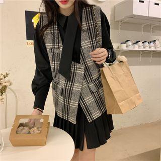 Oversize Plaid Vest / Shirt Accordion Pleat Dress