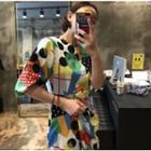 Print Short-sleeve A-line Midi Dress As Shown In Figure - One Size