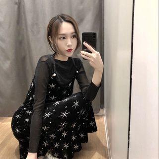 Sheer Long-sleeved Top / Mermaid Hem Strappy Midi Dress