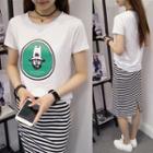 Set: Printed Short Sleeve T-shirt + Striped Midi Skirt