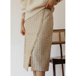 Fringed Tweed Midi Wrap Skirt