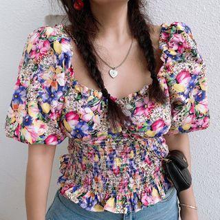Short-sleeve Floral Print Frill Trim Top