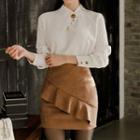 Plain Blouse / Ruffle Fitted Faux Suede Skirt