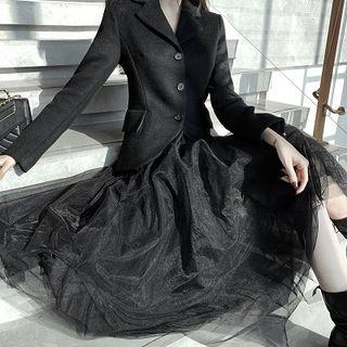 Plain Single-breasted Slim-fit Long-sleeve Blazer / Plain High-waist Loose-fit Mesh Skirt