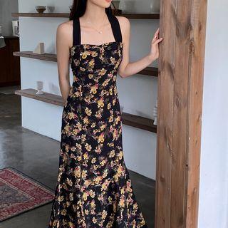 Sleeveless Lace-up Back Floral Print Midi Dress