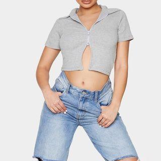 Plain Zip-up Short Sleeve Crop Top
