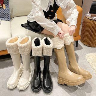 Fleece Panel Platform Block Heel Tall Boots