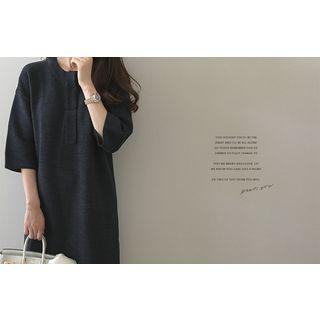 Open-placket 3/4-sleeve Knit Dress