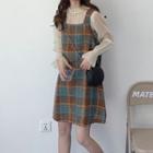 Long-sleeve Mesh Top / Plaid Midi A-line Dress