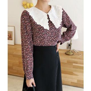Contrast-collar Floral Print Blouse Purple - One Size