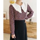 Contrast-collar Floral Print Blouse Purple - One Size
