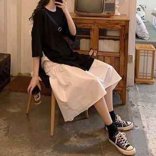 Short-sleeve Plain T-shirt / Button-up Top / Midi Skirt