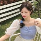 Mesh Panel Puff-sleeve Cropped Crinkle Top
