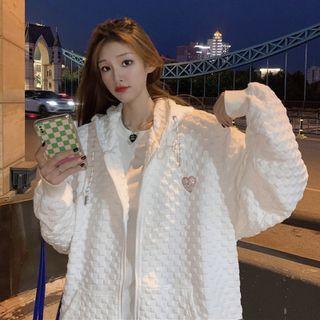 Heart Embroidered Zip Hoodie White - One Size