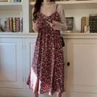 Floral Print A-line Midi Pinafore Dress / Cardigan