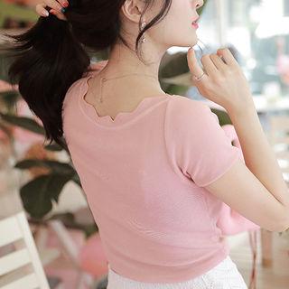 Scallop-neckline Short-sleeve Knit Top