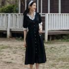 Puff-sleeve Lace Trim Buttoned A-line Midi Dress