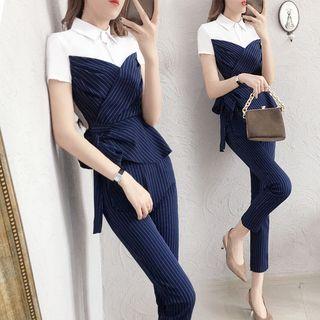 Set: Short-sleeve Striped Panel Shirt + Cropped Pants