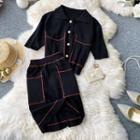 Set: Contrast-trim Short-sleeve Knit Top + Knit Skirt Black - One Size