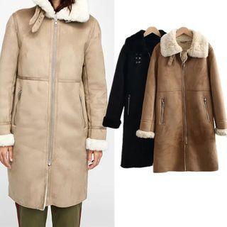 Fleece Collar Midi Zip Aviator Jacket