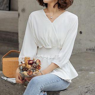 Elbow Sleeve V-neck Smocked Plain Blouse