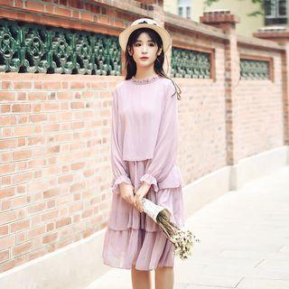 Chiffon Long-sleeve Tiered Dress