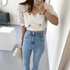 Puff-sleeve Square Neck Button Cropped Blouse