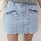 Inset Shorts Scallop-hem Denim Miniskirt