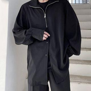 Plain Lapel Oversized Shirt With Zip