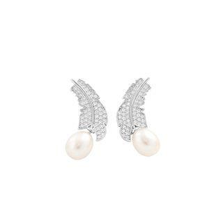 Sterling Silver Fashion And Elegant Leaf Freshwater Pearl Stud Earrings With Cubic Zirconia Silver - One Size