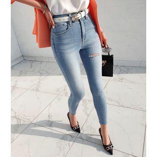 Hidden Band-waist Slashed Skinny Jeans