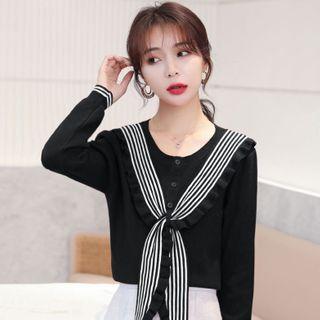 Frill Trim Striped Panel Knit Top