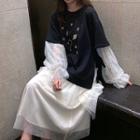 Set: Mock Two-piece Mesh Paneled Sweatshirt + Asymmetric A-line Midi Tiered Skirt