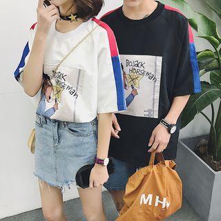 Couple Matching Print Colour Block Short-sleeve T-shirt