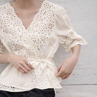 V-neck Bell-sleeve Eyelet Blouse
