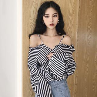Cold Shoulder Striped Shirt Blue - One Size