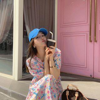 Frilled-trim Gathered-wasit Maxi Floral Dress