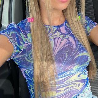 Short Sleeve Ruffled-trim Printed Cropped Top