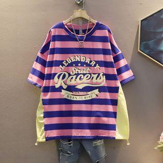 Short-sleeve Color Block Striped Lettering T-shirt